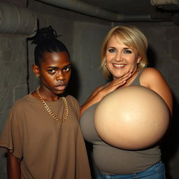 In a basement environment, a 20-year-old young African woman, characterized as a short and malnourished dwarf with very dark skin, exhibits an angry expression on her face