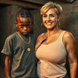 In a basement environment, a 20-year-old young African woman, characterized as a short and malnourished dwarf with very dark skin, displays an angry expression on her face