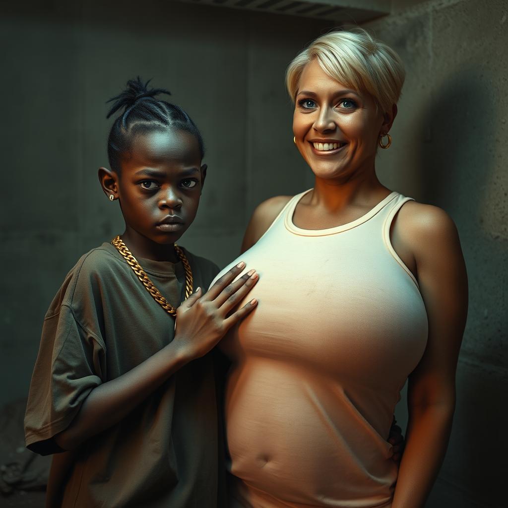 In a basement environment, a 20-year-old young African woman, characterized as a short and malnourished dwarf with very dark skin, displays an angry expression on her face