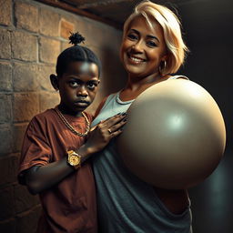 In a basement environment, a 20-year-old young African woman, characterized as a short and malnourished dwarf with very dark skin, displays an angry expression on her face