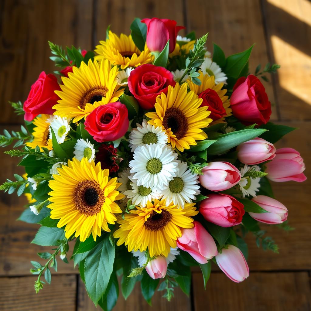 A vibrant bunch of flowers featuring a variety of blooms including bright red roses, cheerful yellow sunflowers, delicate white daisies, and soft pink tulips