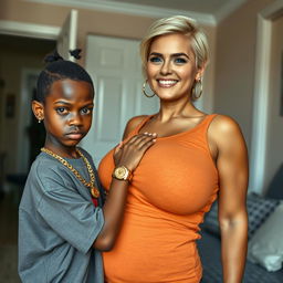 In a tidy room, a 20-year-old young African woman, characterized as a short and malnourished dwarf with very dark skin, displays an angry expression on her face