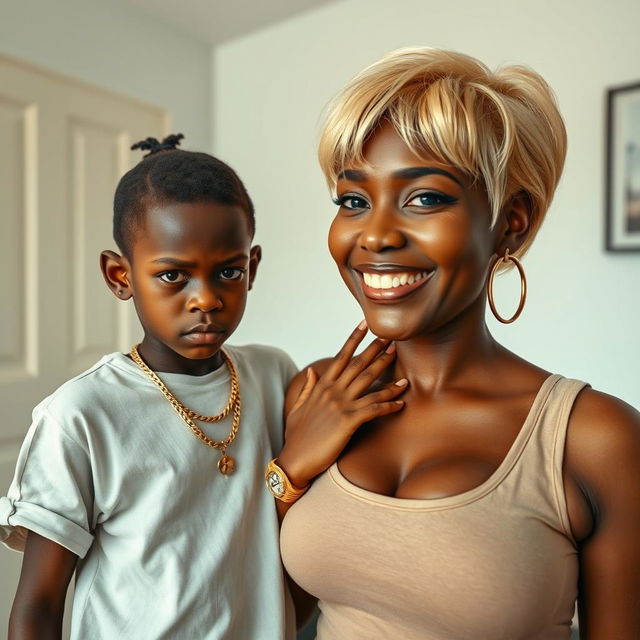 In a tidy room, a 20-year-old young African woman, characterized as a short and malnourished dwarf with very dark skin, displays an angry expression on her face
