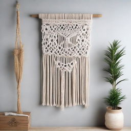 A rustic, natural-looking macrame wall art piece, skillfully handcrafted with stunning intricate designs, hung on a plain wall for contrast.