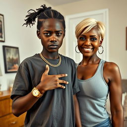 In a tidy room, a 20-year-old young African woman, characterized as a short and malnourished dwarf with very dark skin, displays an angry expression on her face