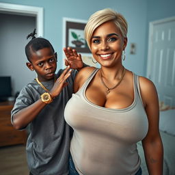 In a tidy room, a 20-year-old young African woman, characterized as a short and malnourished dwarf with very dark skin, displays an angry expression on her face