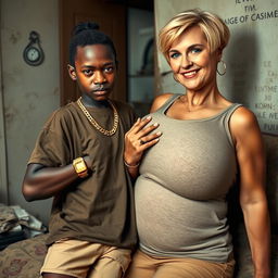 In a poor room setting, a 20-year-old young African woman, depicted as a short and malnourished dwarf with very dark skin, displays an angry expression on her face