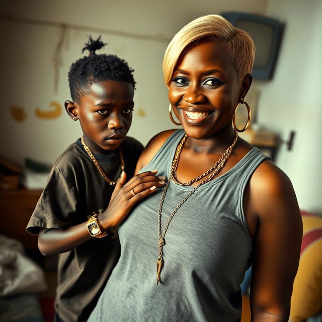 In a poor room setting, a 20-year-old young African woman, depicted as a short and malnourished dwarf with very dark skin, displays an angry expression on her face