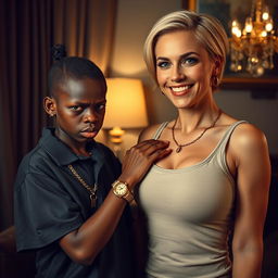 In a chic, somewhat dark room, a 20-year-old young African woman, depicted as a short and malnourished dwarf with very dark skin, displays a menacing expression on her face