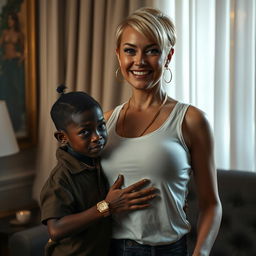 In a chic, somewhat dark room, a 20-year-old young African woman, depicted as a short and malnourished dwarf with very dark skin, displays a menacing expression on her face