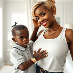 In a room decorated predominantly in white, a 20-year-old young African woman, characterized as a short and malnourished dwarf with very dark skin, shows an angry expression on her face