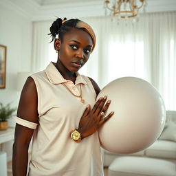 In a room decorated predominantly in white, a 20-year-old young African woman, characterized as a short and malnourished dwarf with very dark skin, shows an angry expression on her face