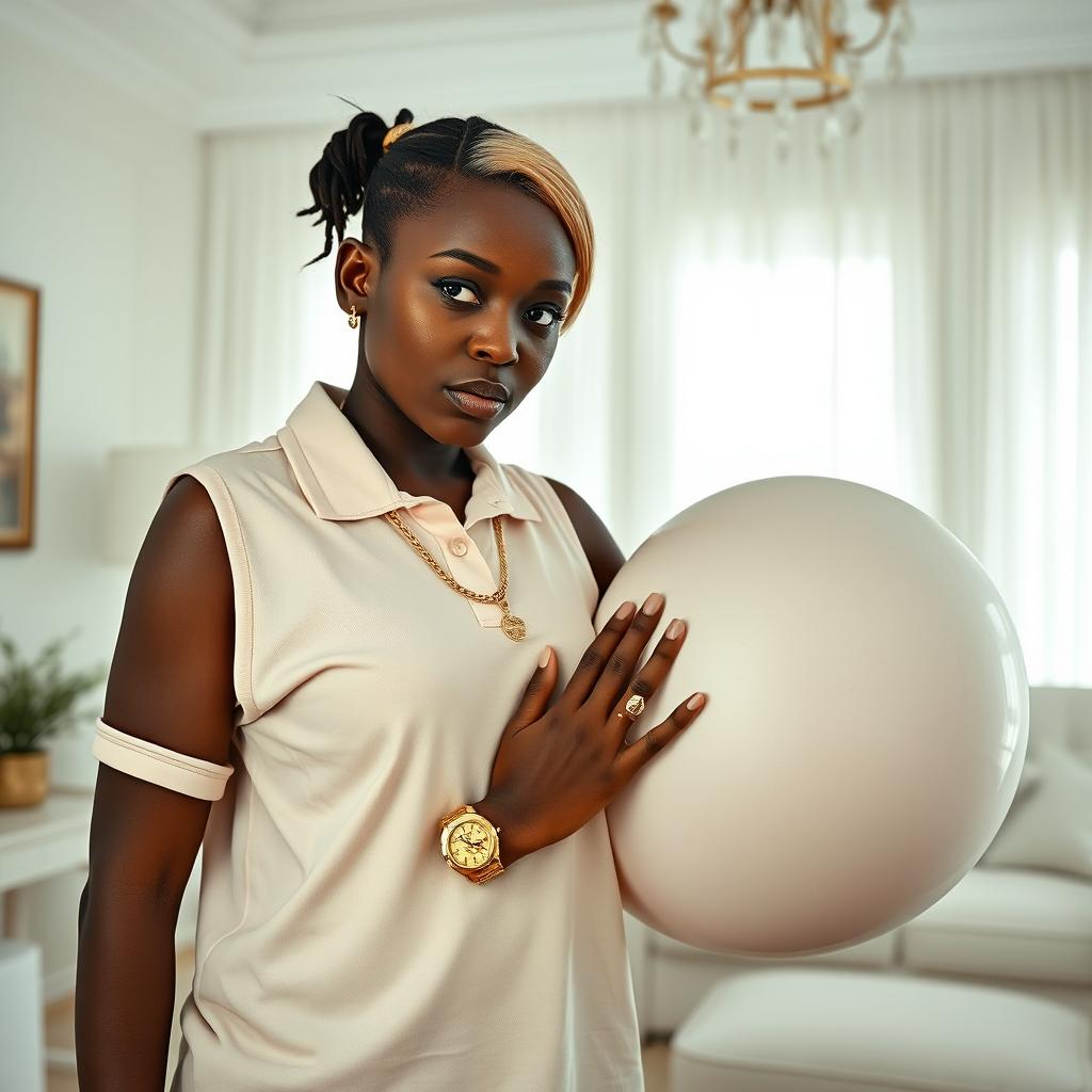 In a room decorated predominantly in white, a 20-year-old young African woman, characterized as a short and malnourished dwarf with very dark skin, shows an angry expression on her face
