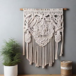 A rustic, natural-looking macrame wall art piece, skillfully handcrafted with stunning intricate designs, hung on a plain wall for contrast.