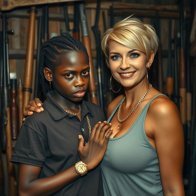 In a shack filled with various weapons, a 20-year-old young African woman, described as a short and malnourished dwarf with very dark skin, presents an angry expression on her face