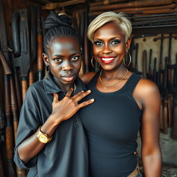 In a shack filled with various weapons, a 20-year-old young African woman, described as a short and malnourished dwarf with very dark skin, presents an angry expression on her face