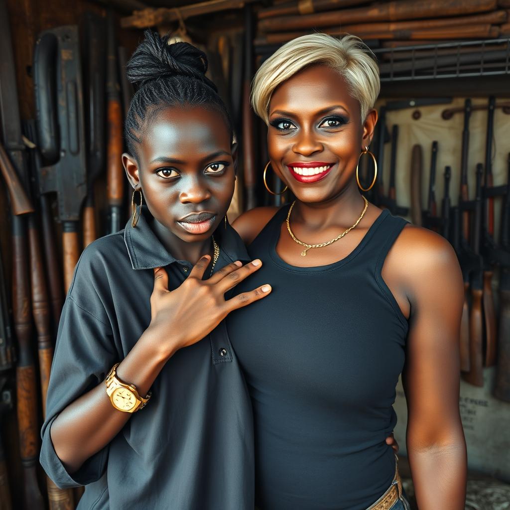 In a shack filled with various weapons, a 20-year-old young African woman, described as a short and malnourished dwarf with very dark skin, presents an angry expression on her face