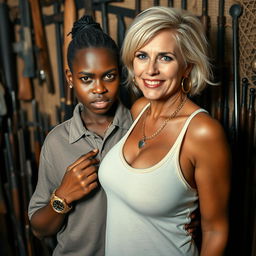 In a shack filled with various weapons, a 20-year-old young African woman, described as a short and malnourished dwarf with very dark skin, presents an angry expression on her face