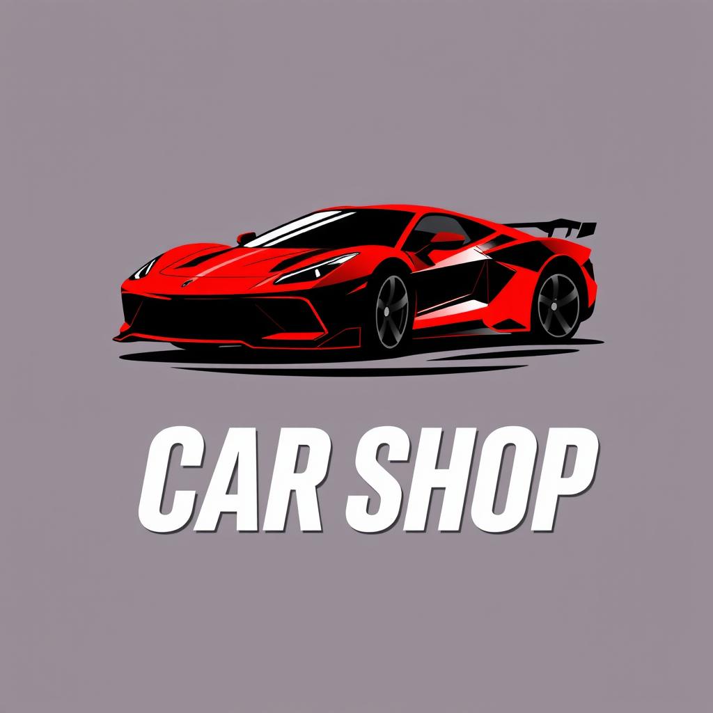A sleek and modern logo for a car shop, featuring a stylized silhouette of a sports car, dynamic lines that suggest motion and speed, and vibrant colors like red and black for a bold look