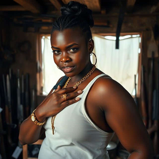 In a rundown shack filled with an array of weapons, a 20-year-old young African woman, characterized as a short and malnourished dwarf with very dark skin, displays an angry expression on her face