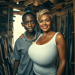 Inside a dilapidated shack filled with a variety of weapons, a 20-year-old young African woman, depicted as a short and malnourished dwarf with very dark skin, displays an angry expression