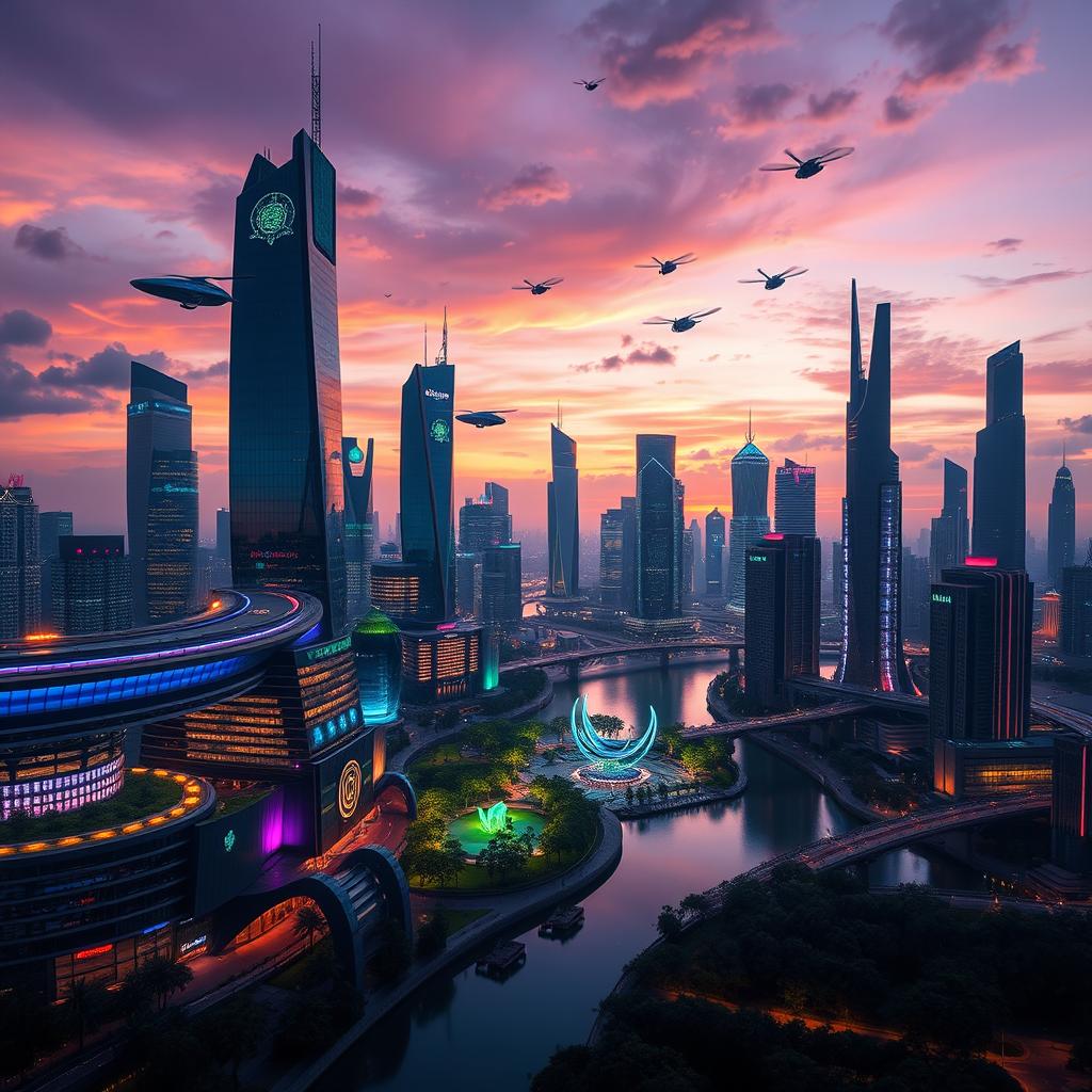 A stunning futuristic city skyline featuring sleek skyscrapers made of glass and metal, interconnected by sky bridges