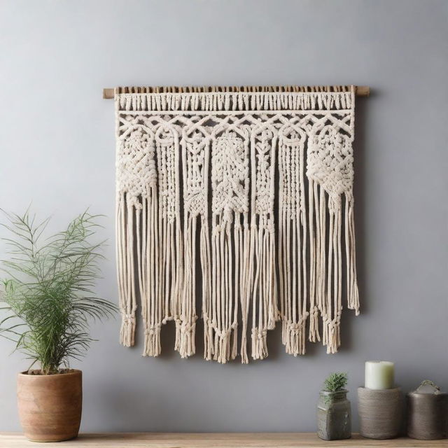 A rustic, natural-looking macrame wall art piece, skillfully handcrafted with stunning intricate designs, hung on a plain wall for contrast.