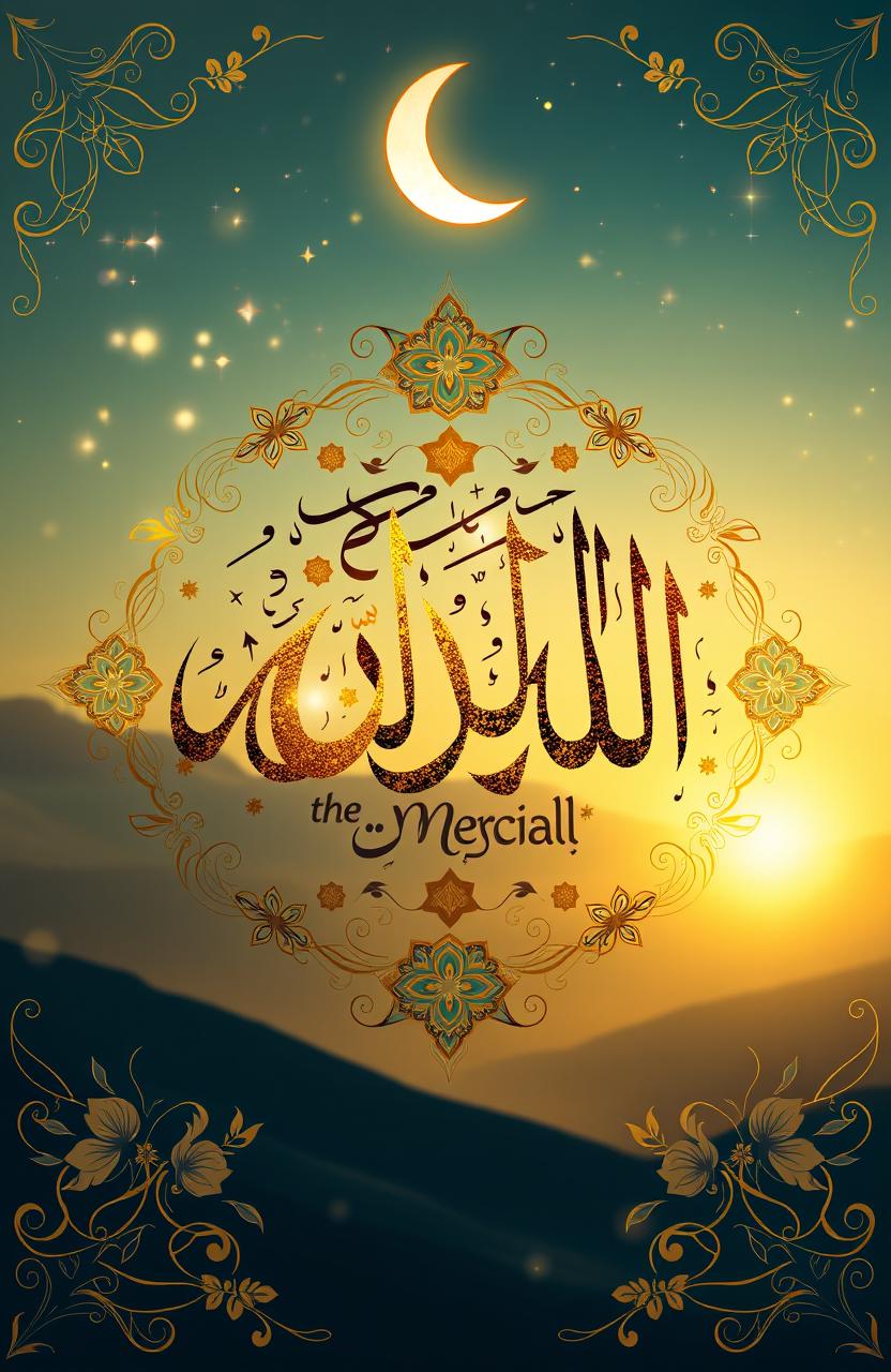 An artistic representation of the phrase 'Allah the Merciful' depicted in beautiful calligraphy, surrounded by intricate floral patterns and geometric designs