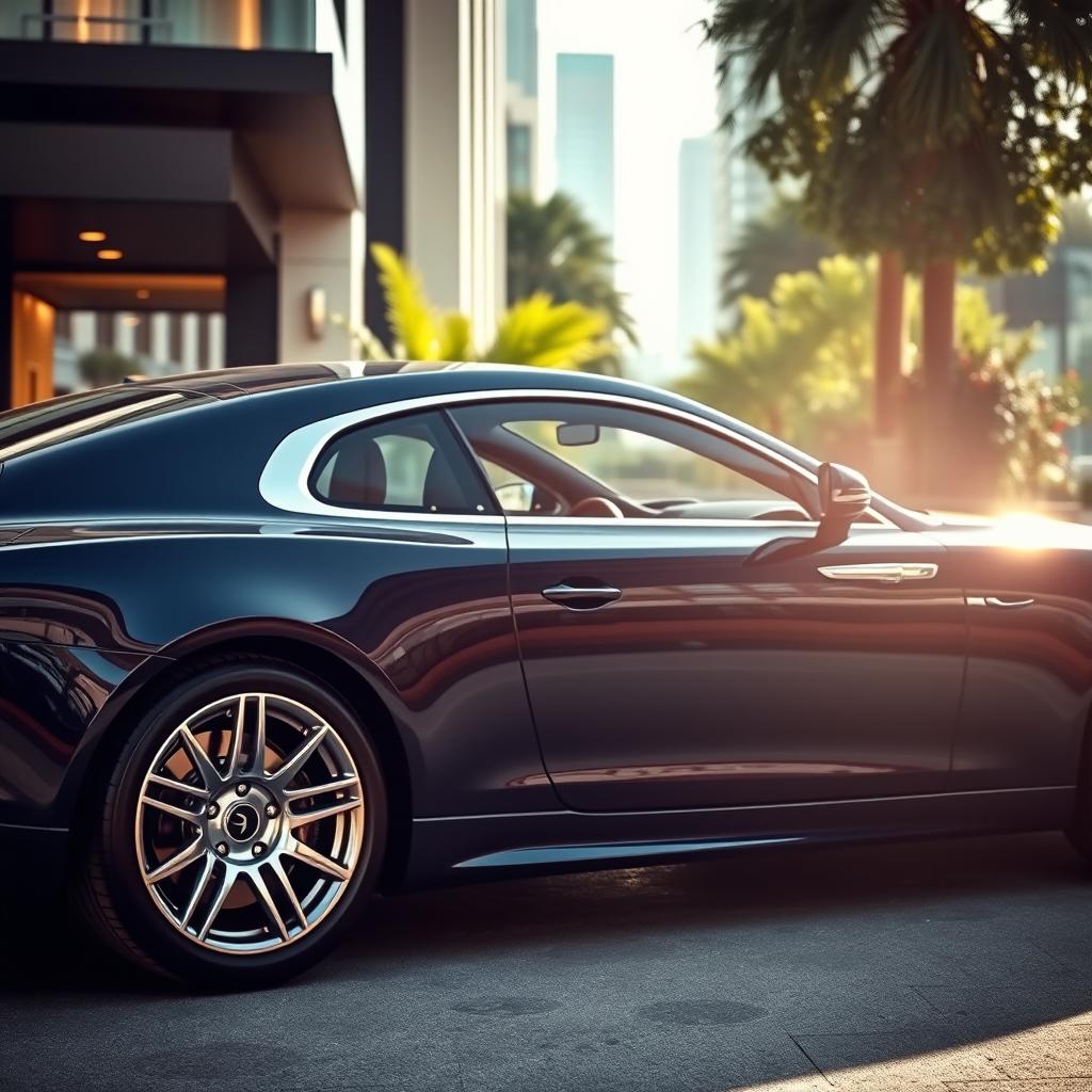 A sleek luxury car parked in an opulent setting, showcasing its shiny exterior and elegant design details