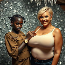 In an extravagant shack filled with sparkling diamonds, a young black African woman, very petite and undernourished at 25 years old, has very dark skin and a fierce, angry expression