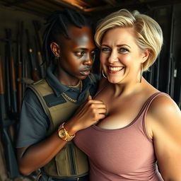 In a gritty shack filled with rifles, a young black African woman, very petite and undernourished at 25 years old, has very dark skin and a fierce, angry expression