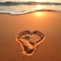 A heart-shaped footprint in soft sand, delicate and detailed, with textures of the sand grains highlighted, surrounded by a serene beach background with gentle waves lapping at the shore, the sun setting in a warm golden hue casting a romantic glow, creating a tranquil and idyllic atmosphere