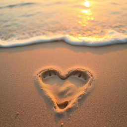 A heart-shaped footprint in soft sand, delicate and detailed, with textures of the sand grains highlighted, surrounded by a serene beach background with gentle waves lapping at the shore, the sun setting in a warm golden hue casting a romantic glow, creating a tranquil and idyllic atmosphere