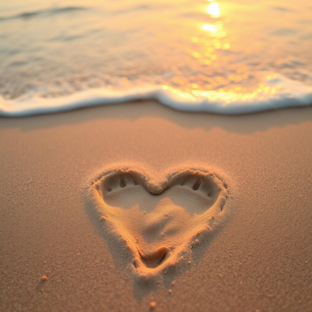 A heart-shaped footprint in soft sand, delicate and detailed, with textures of the sand grains highlighted, surrounded by a serene beach background with gentle waves lapping at the shore, the sun setting in a warm golden hue casting a romantic glow, creating a tranquil and idyllic atmosphere