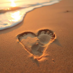 A heart-shaped footprint in soft sand, delicate and detailed, with textures of the sand grains highlighted, surrounded by a serene beach background with gentle waves lapping at the shore, the sun setting in a warm golden hue casting a romantic glow, creating a tranquil and idyllic atmosphere