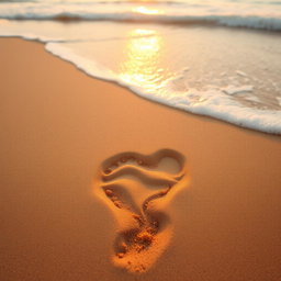 A heart-shaped footprint in soft sand, delicate and detailed, with textures of the sand grains highlighted, surrounded by a serene beach background with gentle waves lapping at the shore, the sun setting in a warm golden hue casting a romantic glow, creating a tranquil and idyllic atmosphere