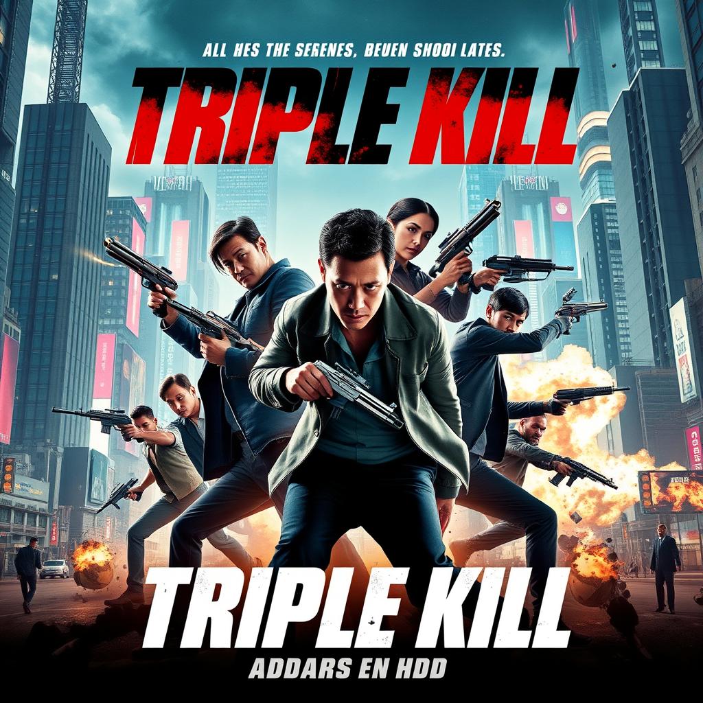 A captivating movie poster for 'Triple Kill', featuring an ensemble cast of dynamic action heroes in an intense showdown