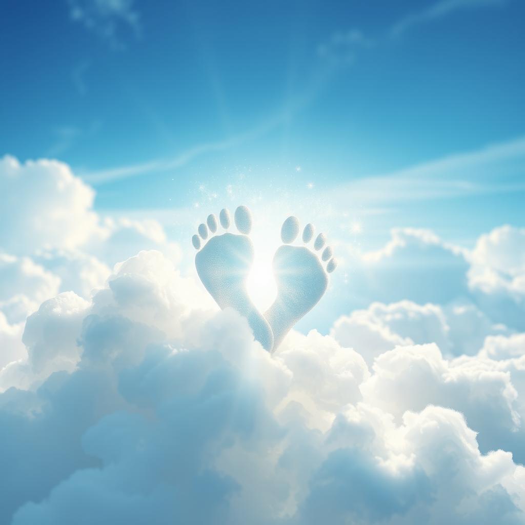 A heart-shaped footprint resembling that of an angel, delicately imprinted on fluffy white clouds, with shimmering sparkles surrounding it, set against a dreamy blue sky filled with soft, ethereal light, giving a celestial and magical feel to the scene