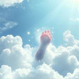 A heart-shaped footprint resembling that of an angel, delicately imprinted on fluffy white clouds, with shimmering sparkles surrounding it, set against a dreamy blue sky filled with soft, ethereal light, giving a celestial and magical feel to the scene