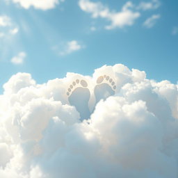 A heart-shaped footprint resembling that of an angel, delicately imprinted on fluffy white clouds, with shimmering sparkles surrounding it, set against a dreamy blue sky filled with soft, ethereal light, giving a celestial and magical feel to the scene