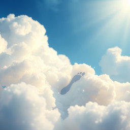 A heart-shaped footprint resembling that of an angel, delicately imprinted on fluffy white clouds, with shimmering sparkles surrounding it, set against a dreamy blue sky filled with soft, ethereal light, giving a celestial and magical feel to the scene