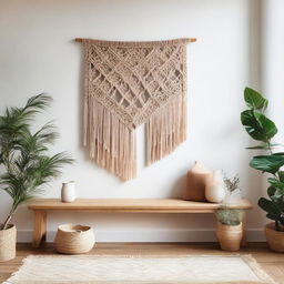 A beautiful, earth-toned macrame wall art display, hanging in an airy, light-filled foyer, creating a welcoming and homely atmosphere.