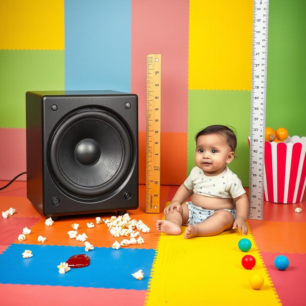 A vibrant scene featuring a large speaker next to a calm and content baby sitting on the floor