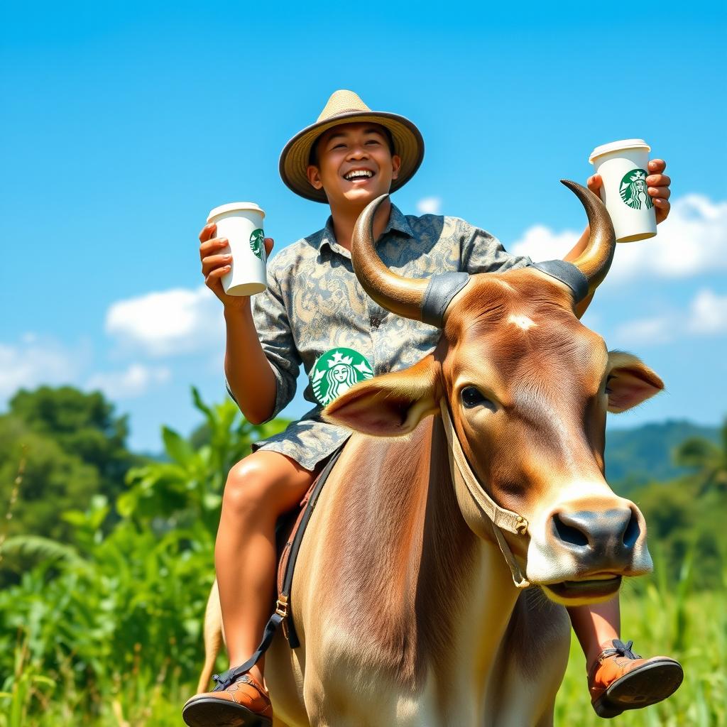 A vibrant outdoor scene depicting a Filipino man joyfully riding a carabao while carrying a Starbucks coffee cup