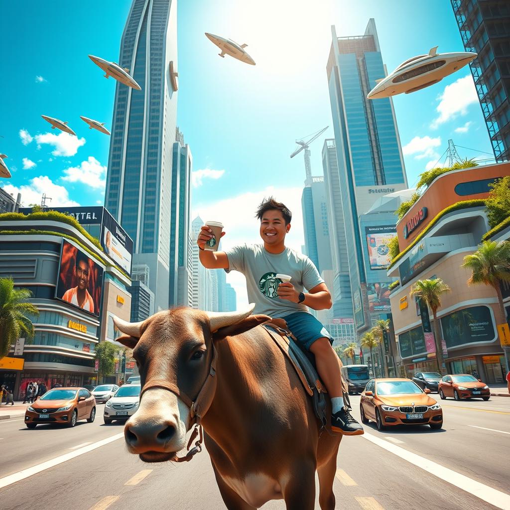 A Filipino person joyfully carrying a Starbucks coffee cup while riding a majestic carabao through a vibrant, futuristic cityscape