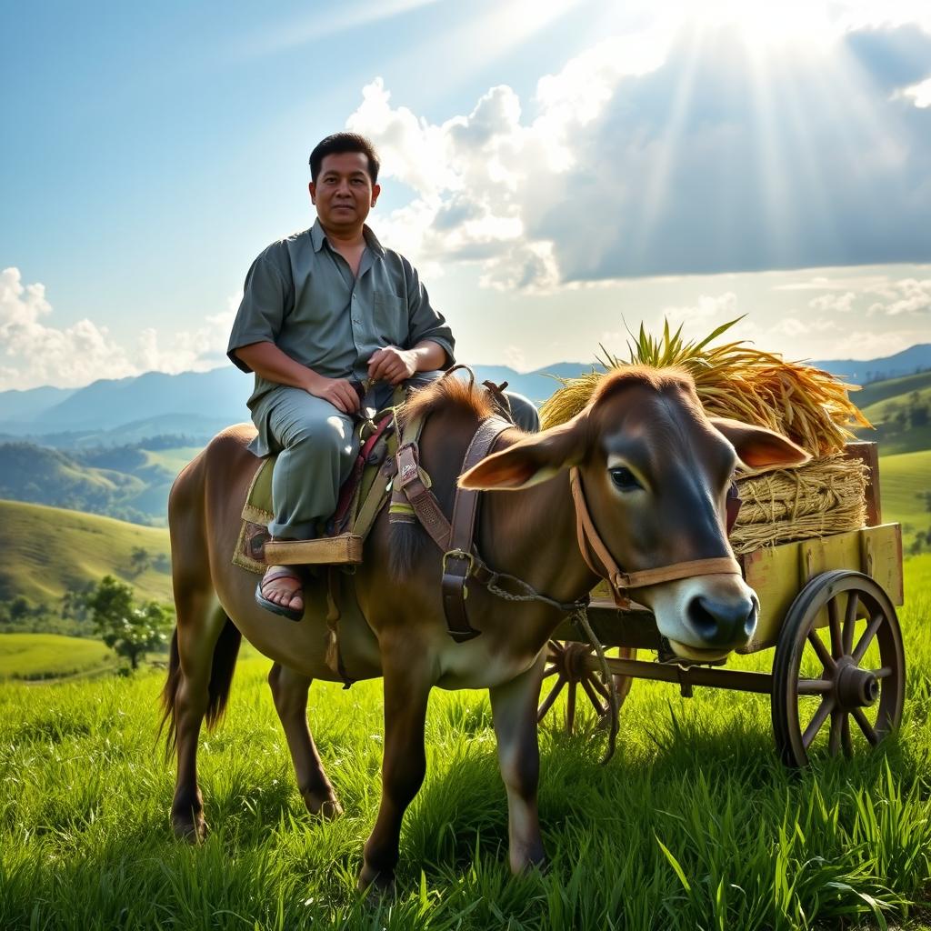 A Filipino man riding a carabao in a lush, green countryside landscape