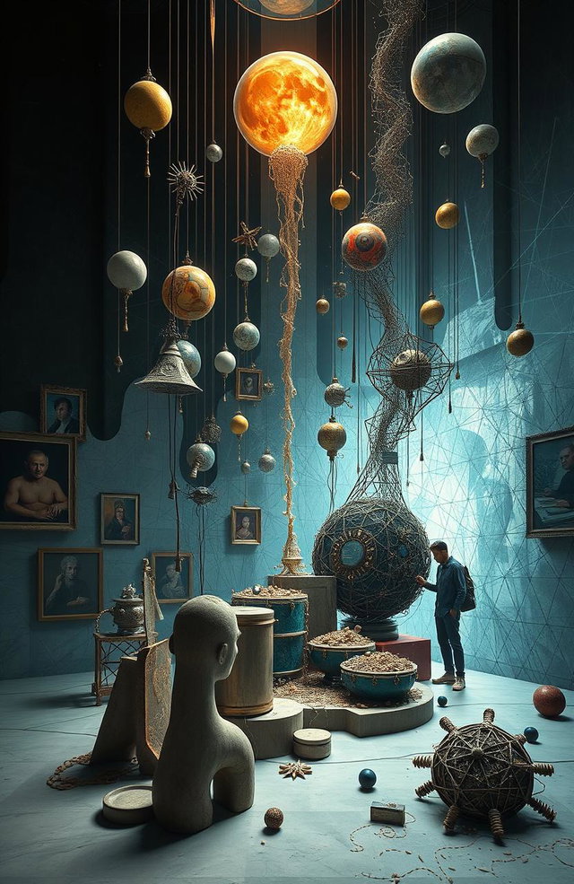An artistic representation of the interplay between science, philosophy, and visual arts through the decades, featuring elements that illustrate Gestalt psychology's influence on visual perception