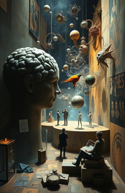 An artistic representation of the interplay between science, philosophy, and visual arts through the decades, featuring elements that illustrate Gestalt psychology's influence on visual perception