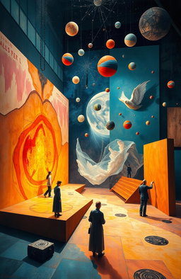 An artistic representation of the interplay between science, philosophy, and visual arts through the decades, featuring elements that illustrate Gestalt psychology's influence on visual perception