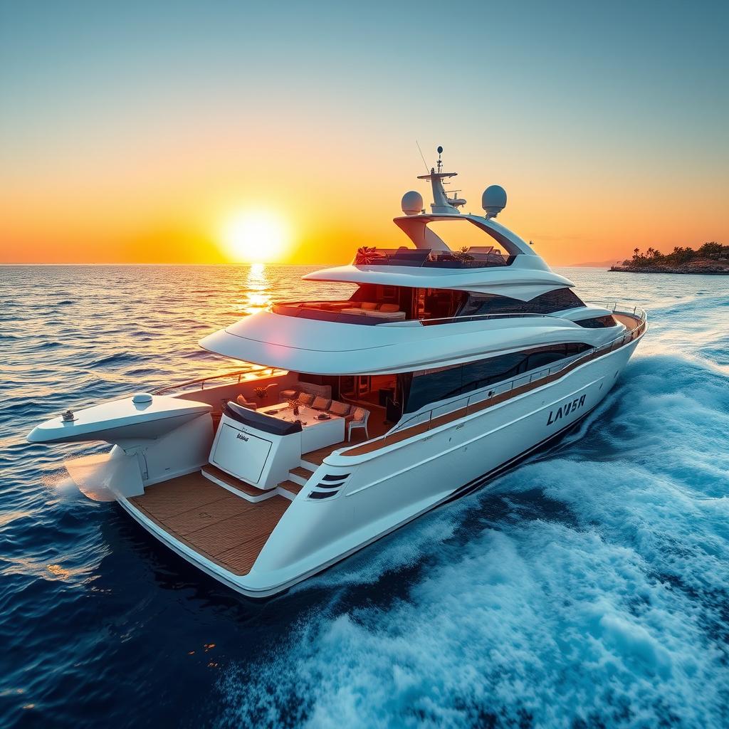 A luxurious motor yacht gliding smoothly across azure blue waters, featuring sleek, modern lines and a glossy white finish